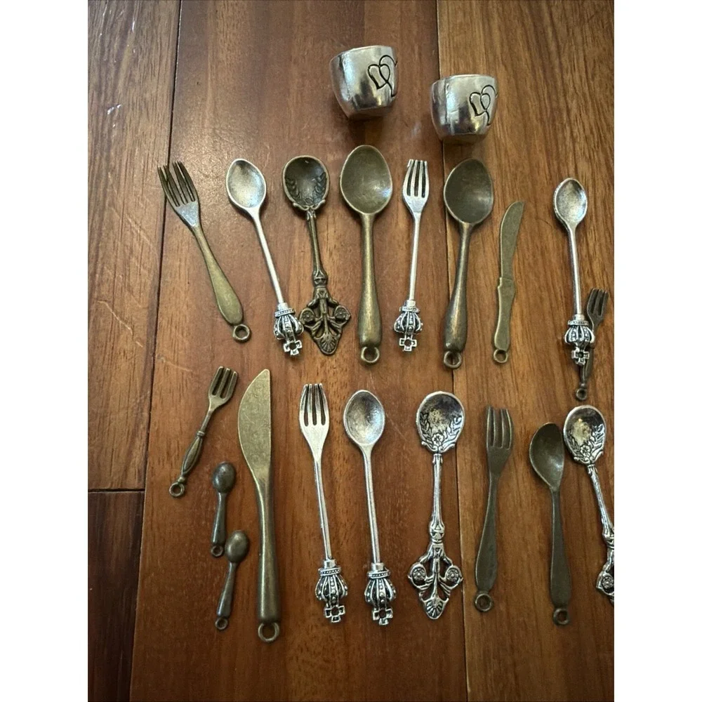 Tiny Silverware Teacup Charms Mixed Metals Fork Spoon Knife Ladle 22 Charms